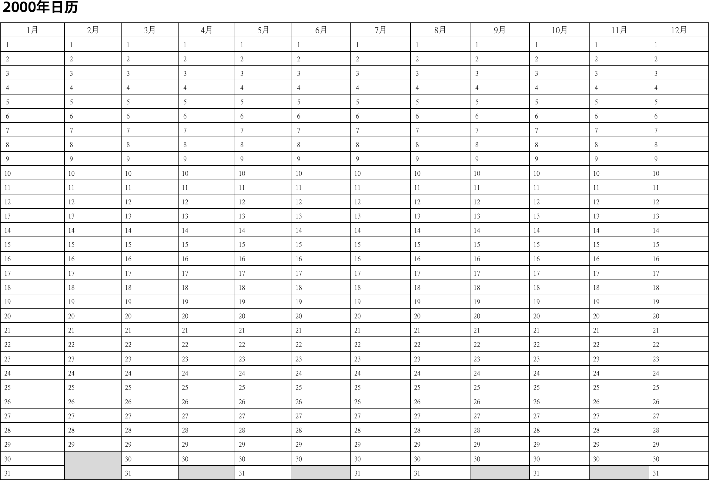 日历表2000年日历 中文版